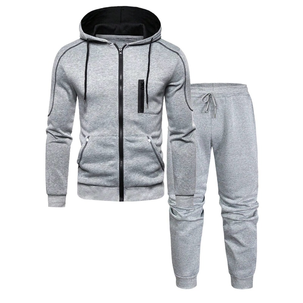 Men Contrast Piping Drawstring Hoodie & Sweatpants-GREY-L
